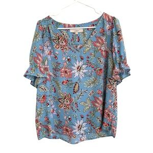 2/$30 LOFT - Women's Floral Blue Short Sleeve Blouse Size Small
